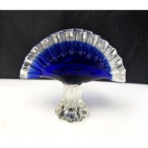 Cobalt Blue Ruffled Art Glass Napkin Letter Holder Pedestal Fan Hand Blown 7"